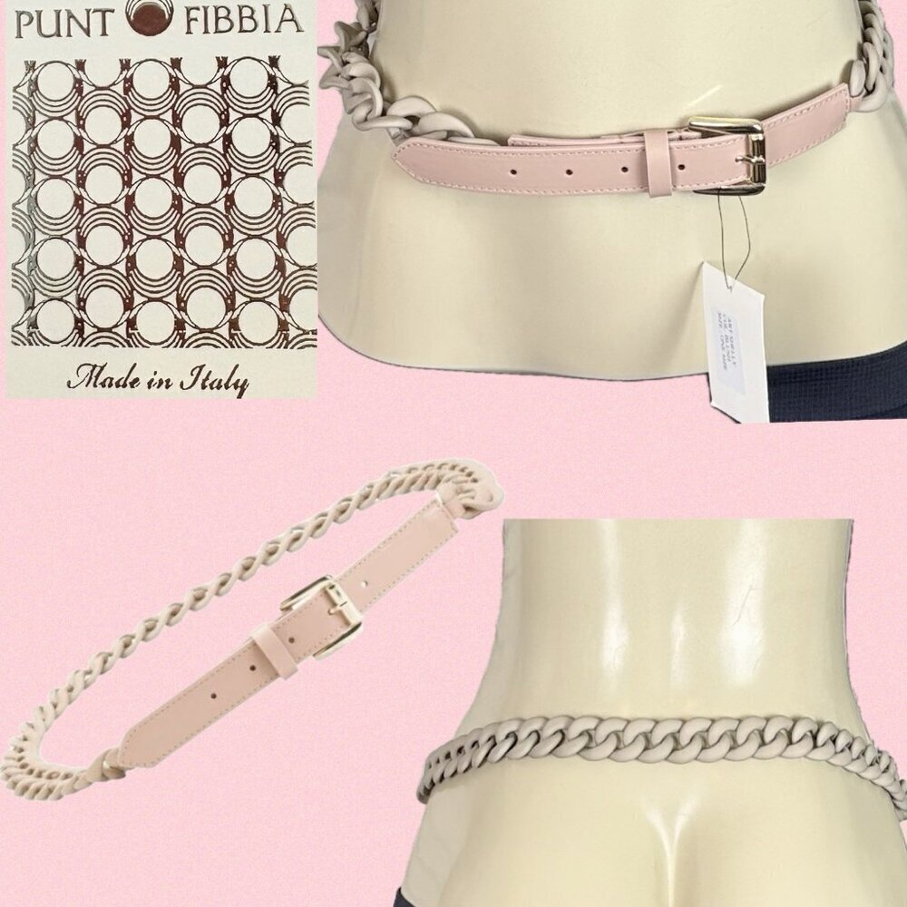 Funt Fibbia Pink Leather Made in Italy Gray Dusty Rose Resin Chunky Chain Belt
